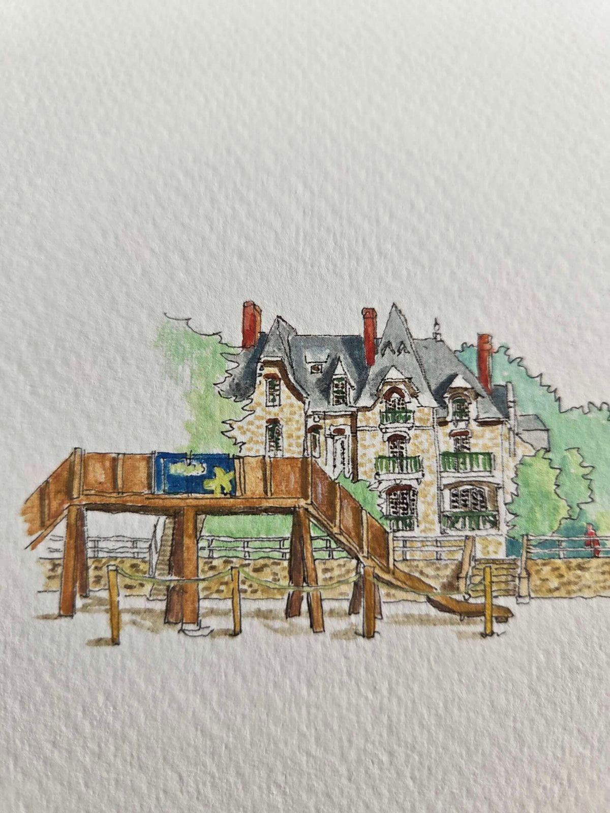 Détail de la villa Cointreau dans l’aquarelle représentant la plage du Casino à La Baule