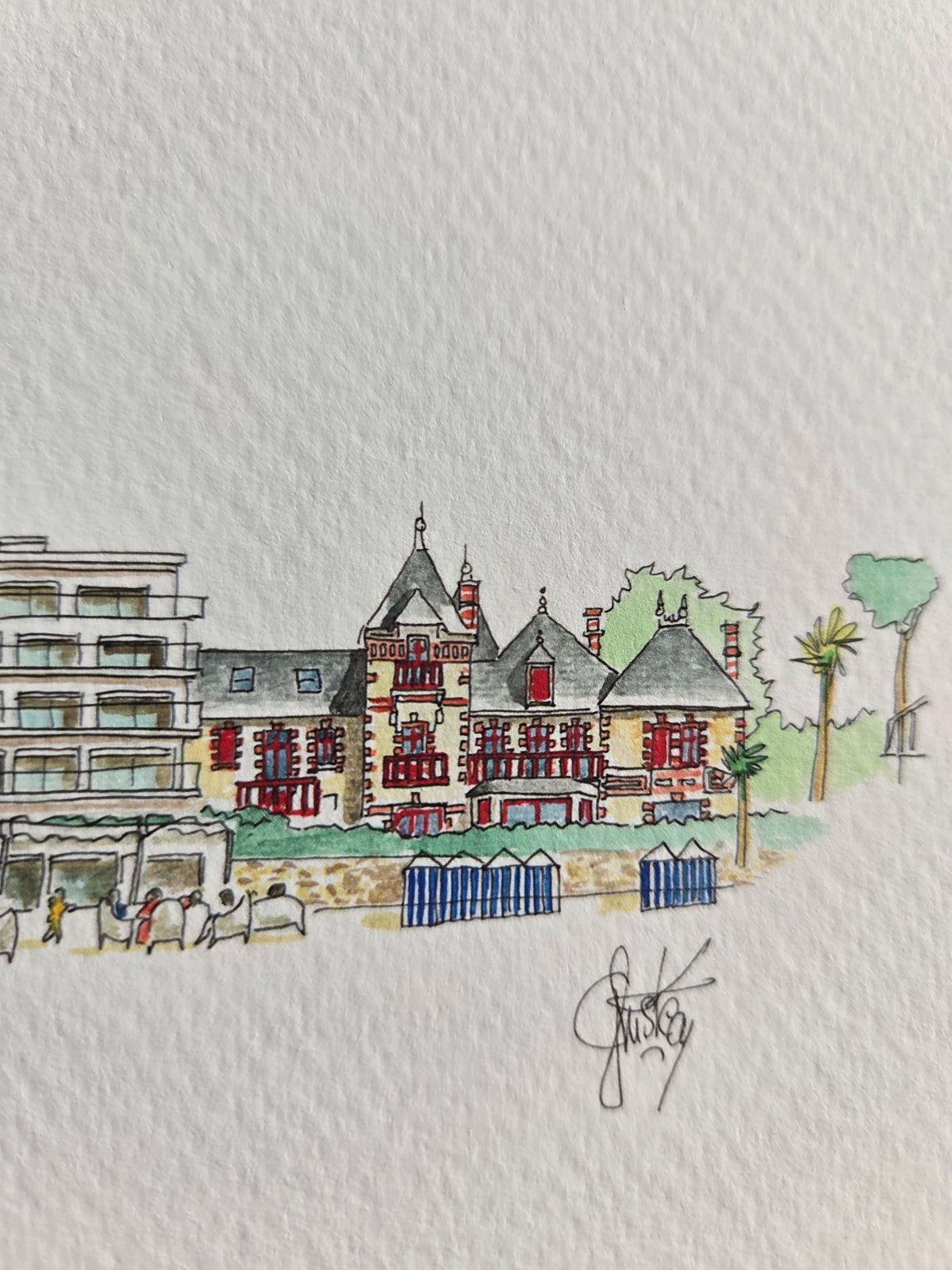 Signature de Gérard Lusteau sur l’aquarelle représentant la plage Benoît à La Baule