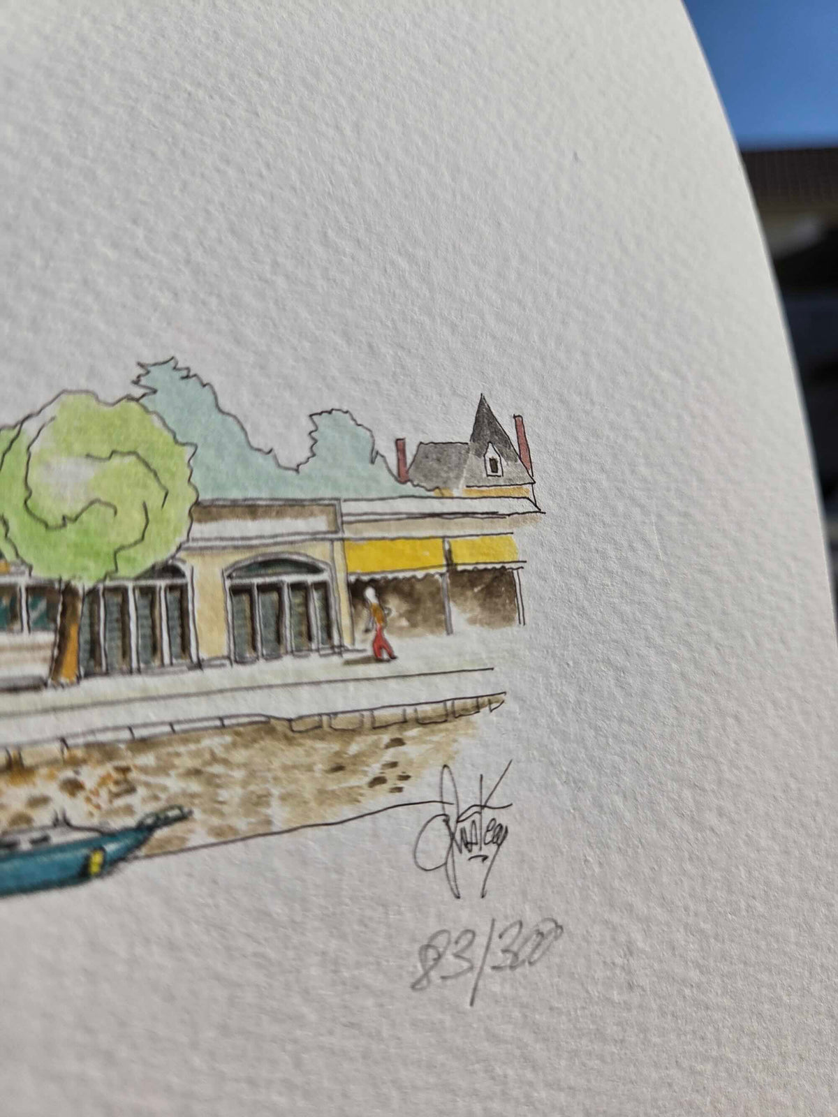Signature et numérotation de Gérard Lusteau sur l’aquarelle représentant la plage du Nau au Pouliguen