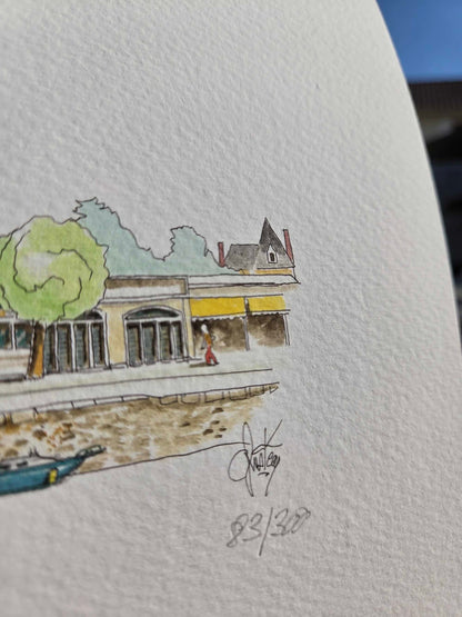 Signature et numérotation de Gérard Lusteau sur l’aquarelle représentant la plage du Nau au Pouliguen