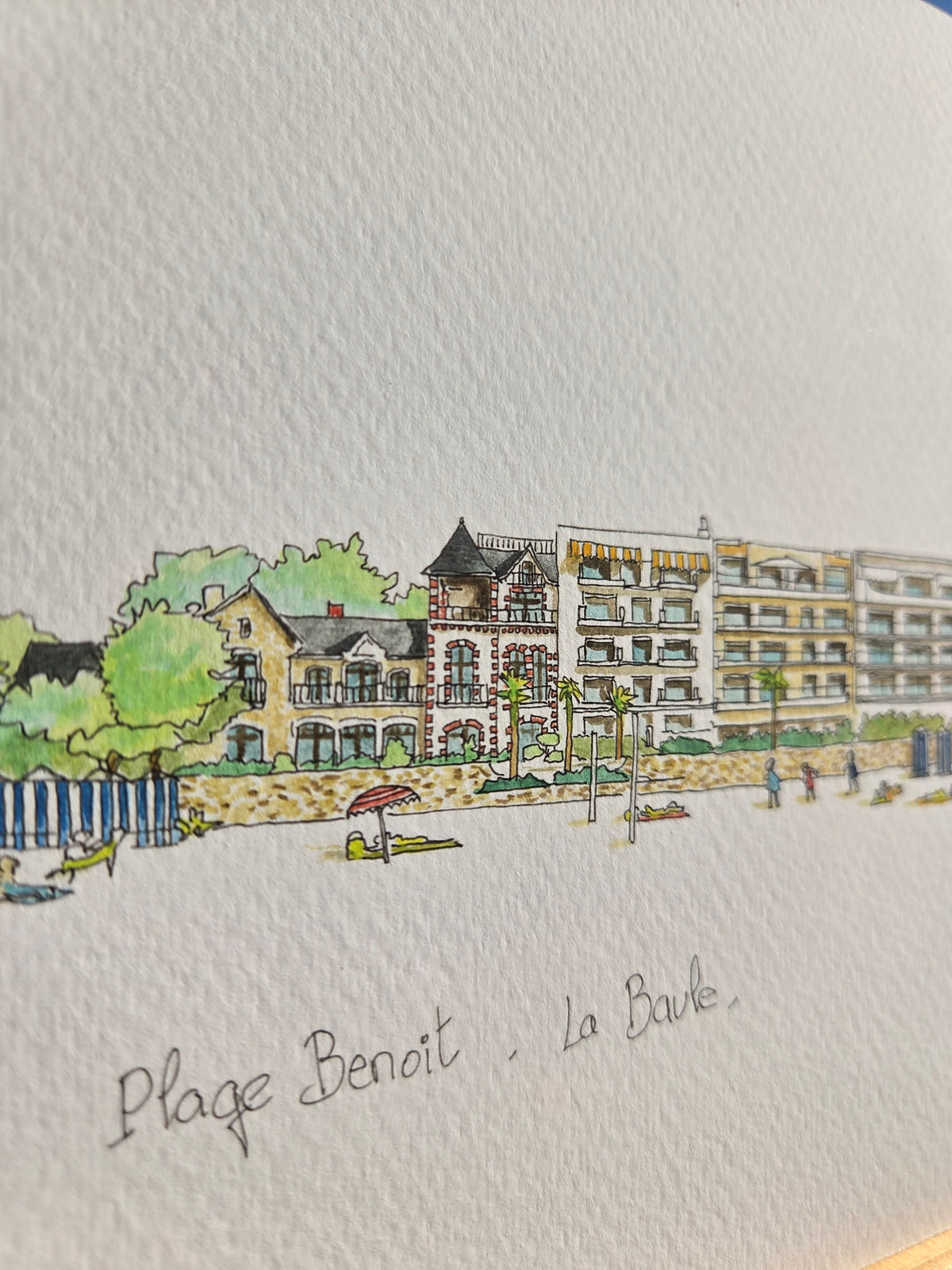 Détail du titre de l’aquarelle représentant la plage Benoît à La Baule