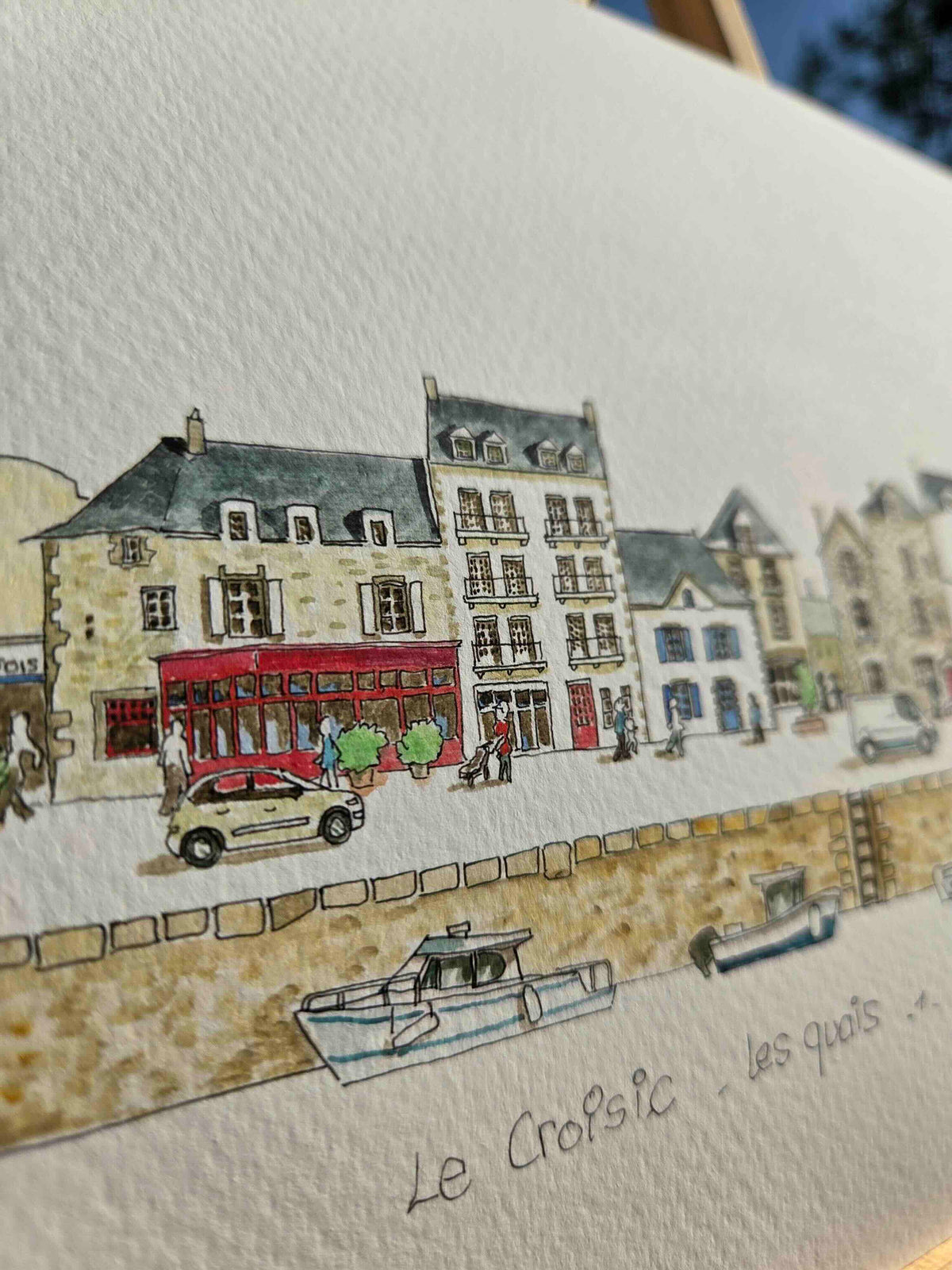 Détail des commerces dans l’aquarelle représentant les quais du Croisic 1/2