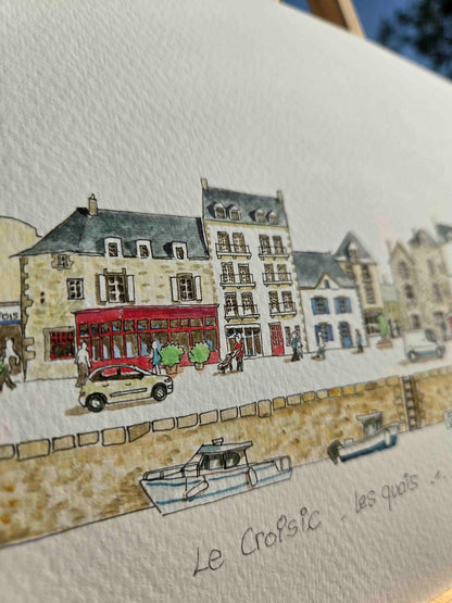 Détail des commerces dans l’aquarelle représentant les quais du Croisic 1/2
