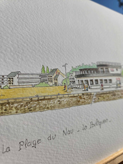 Détail du titre de l’aquarelle représentant la plage du Nau au Pouliguen
