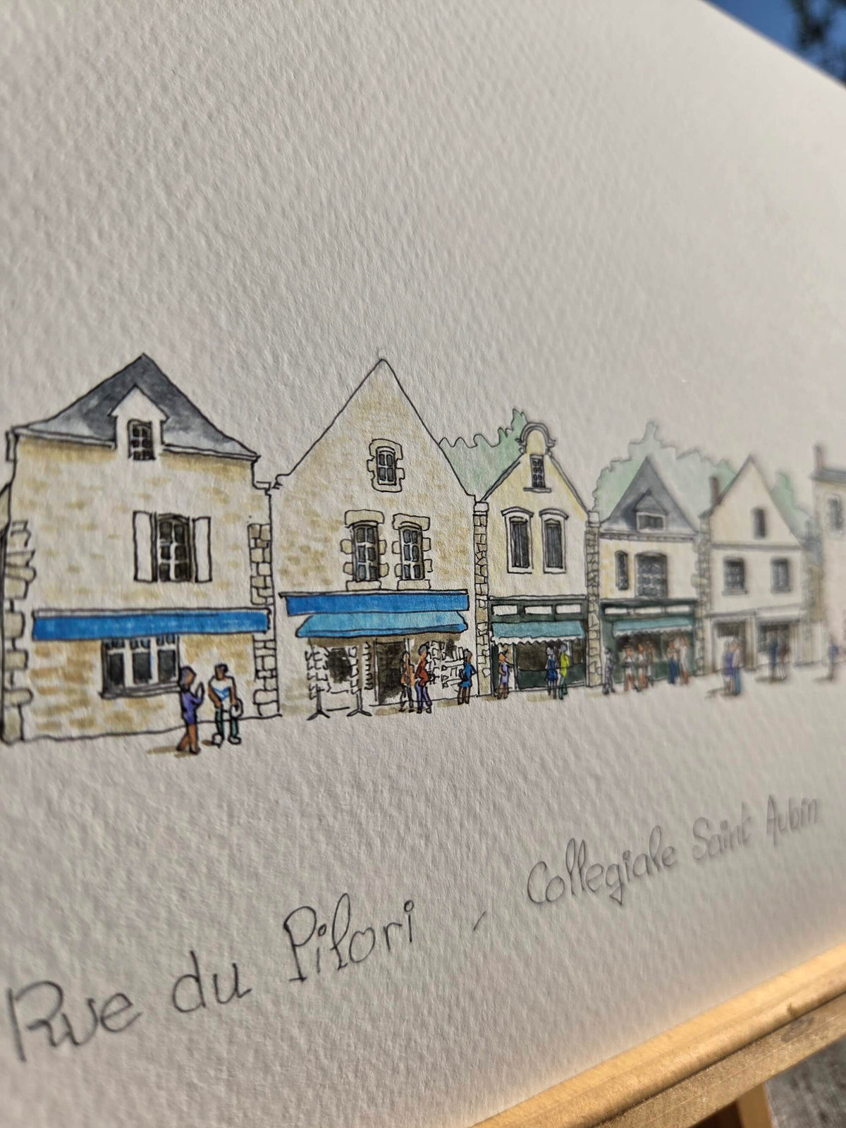 Détail du titre de l’aquarelle représentant la place du Pilori à Guérande