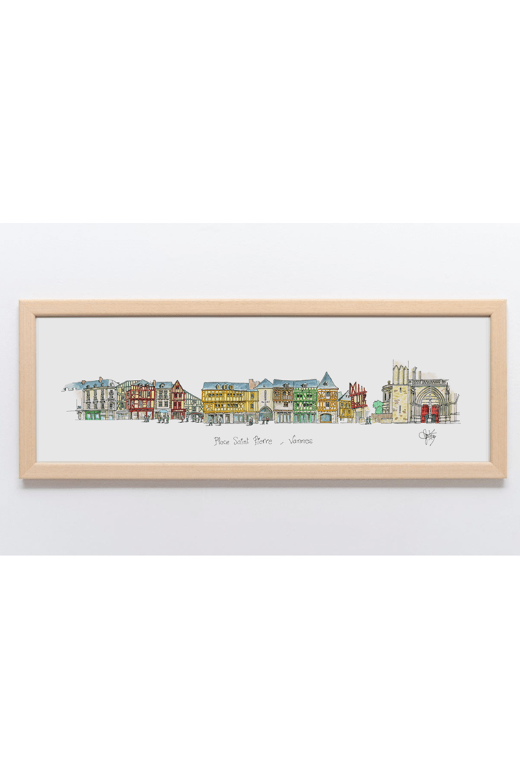 Aquarelle de la place Saint-Pierre à Vannes encadrée – Gérard Lusteau -Ligne 42