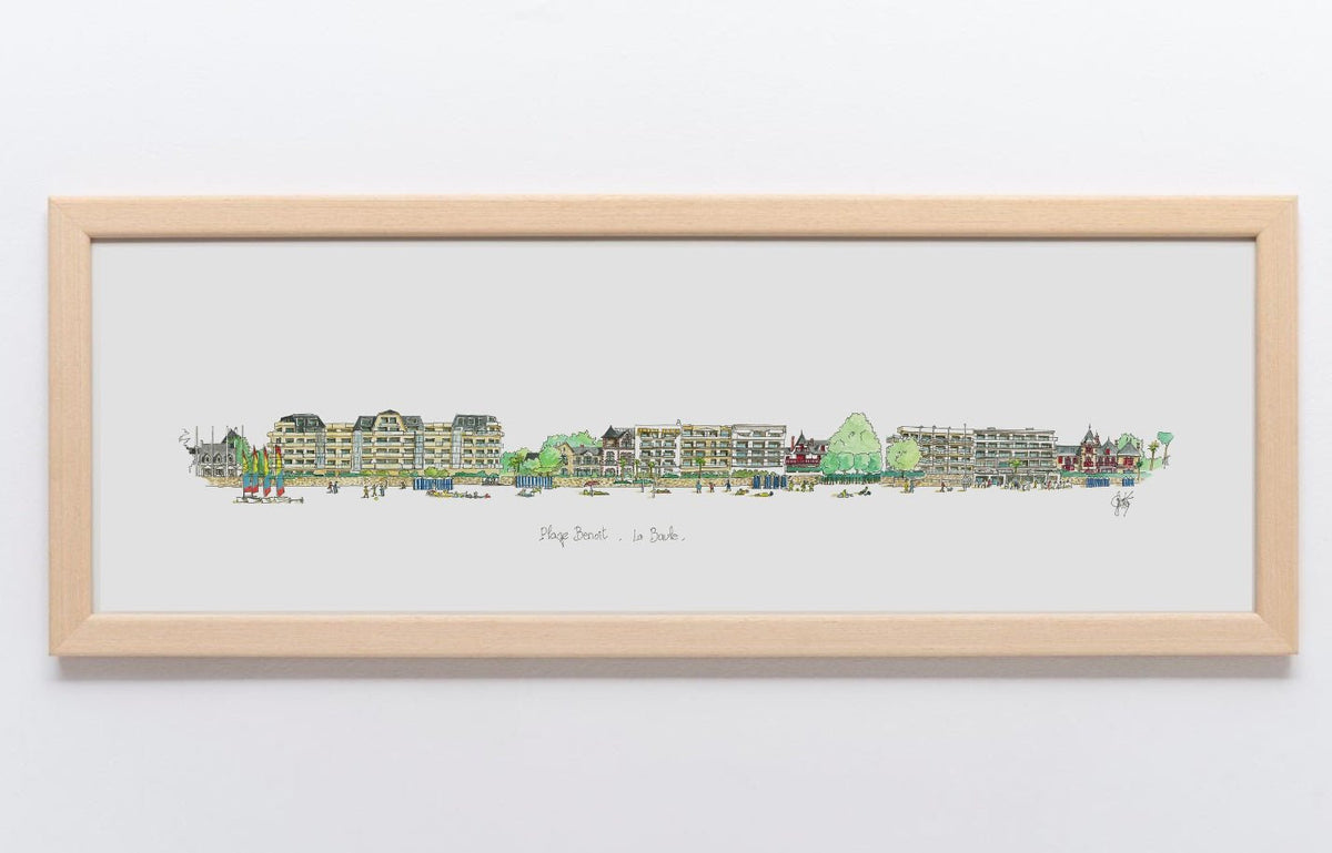 Aquarelle de la plage Benoît à La Baule encadrée bois naturel – Gérard Lusteau