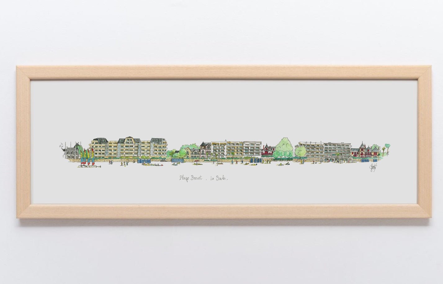 Aquarelle de la plage Benoît à La Baule encadrée bois naturel – Gérard Lusteau