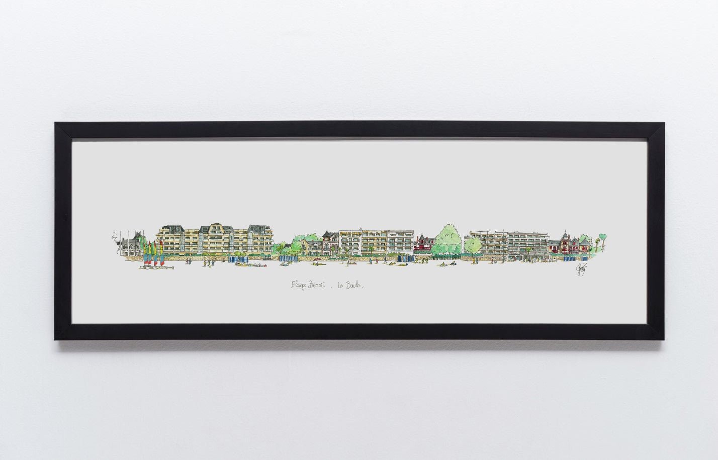 Aquarelle de la plage Benoît à La Baule encadrée bois noir – Ligne 42