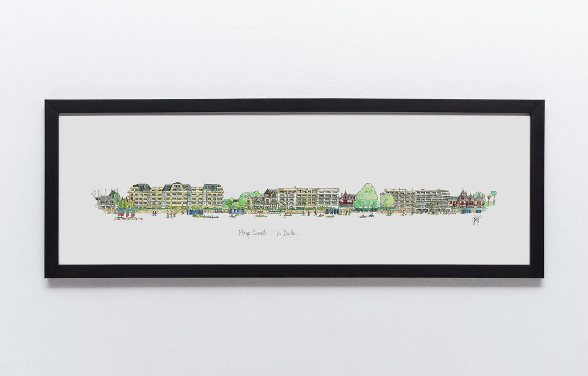 Aquarelle de la plage Benoît à La Baule encadrée bois noir – Ligne 42