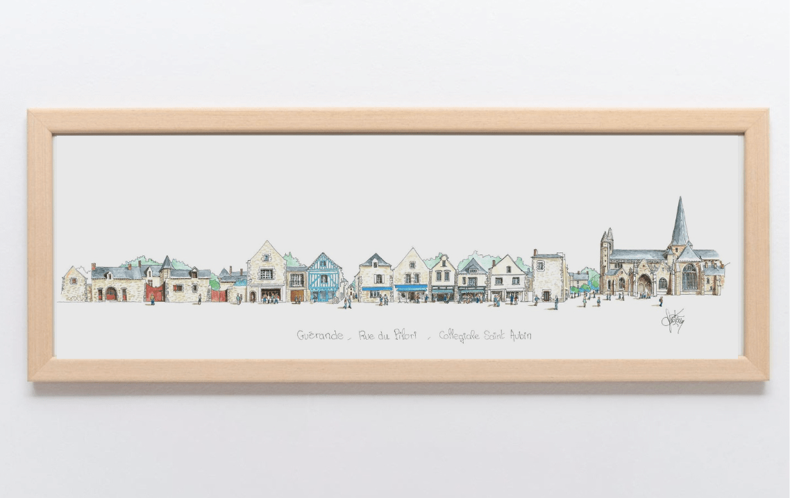 Aquarelle de la place du Pilori à Guérande encadrée – Gérard Lusteau