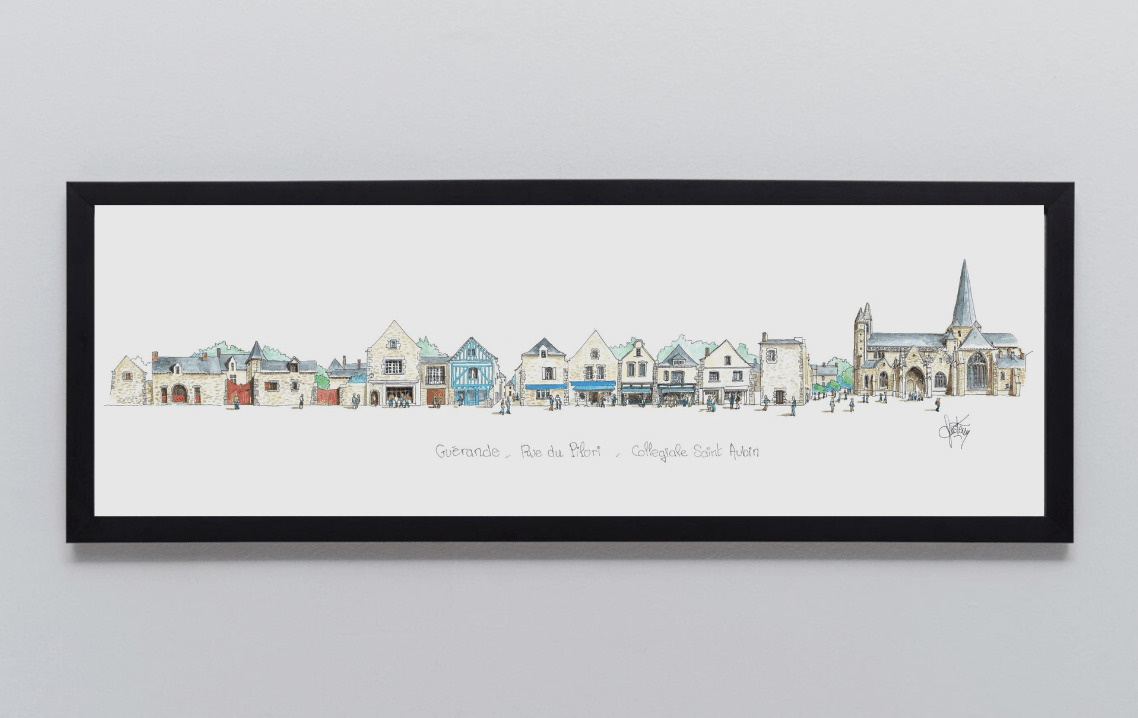 Aquarelle de la place du Pilori à Guérande encadrée – Gérard Lusteau