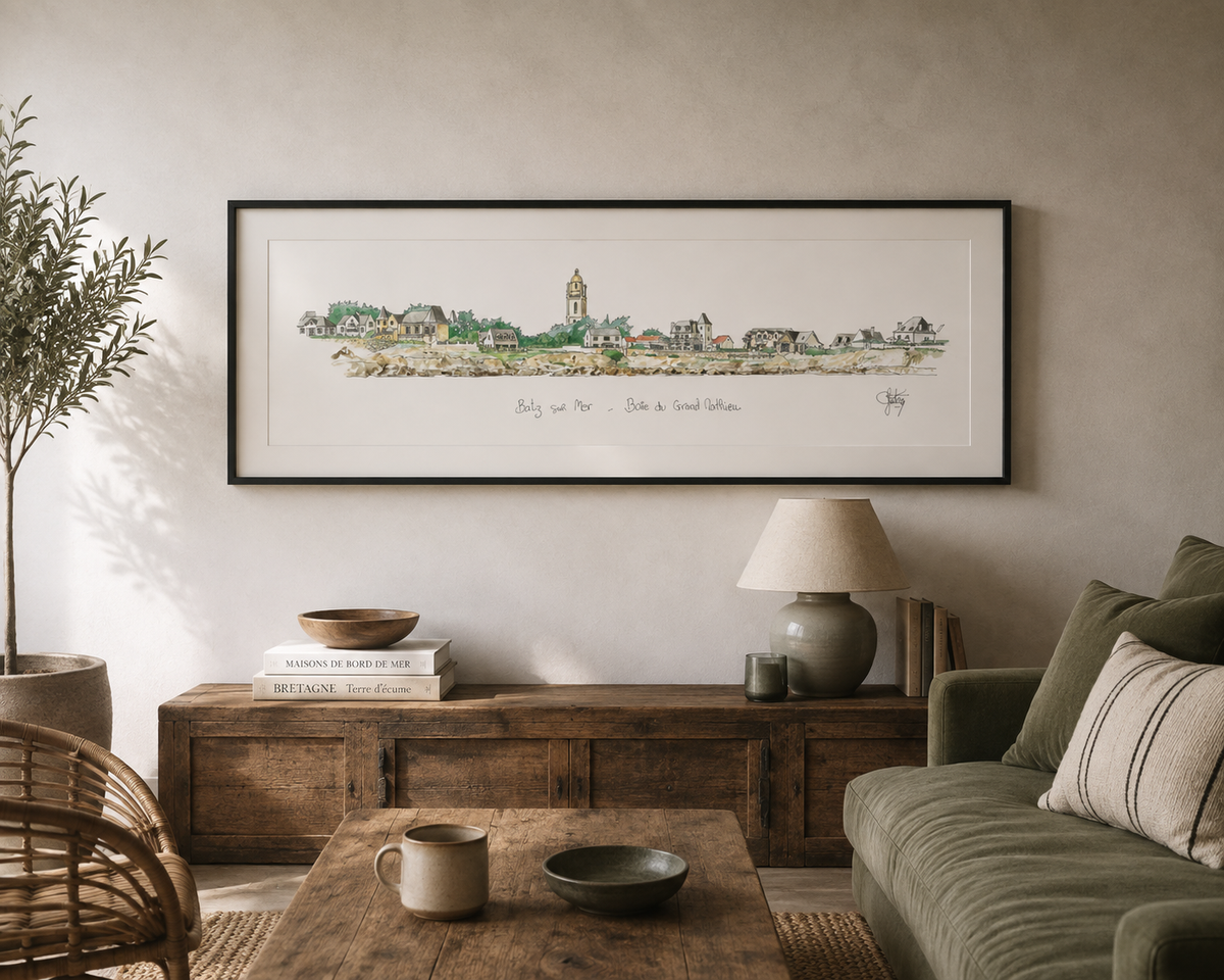 Tableau de la baie du Grand Matthieu à Batz-sur-Mer présenté dans un intérieur