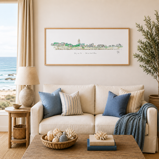 Tableau de la baie du Grand Matthieu à Batz-sur-Mer présenté dans un intérieur