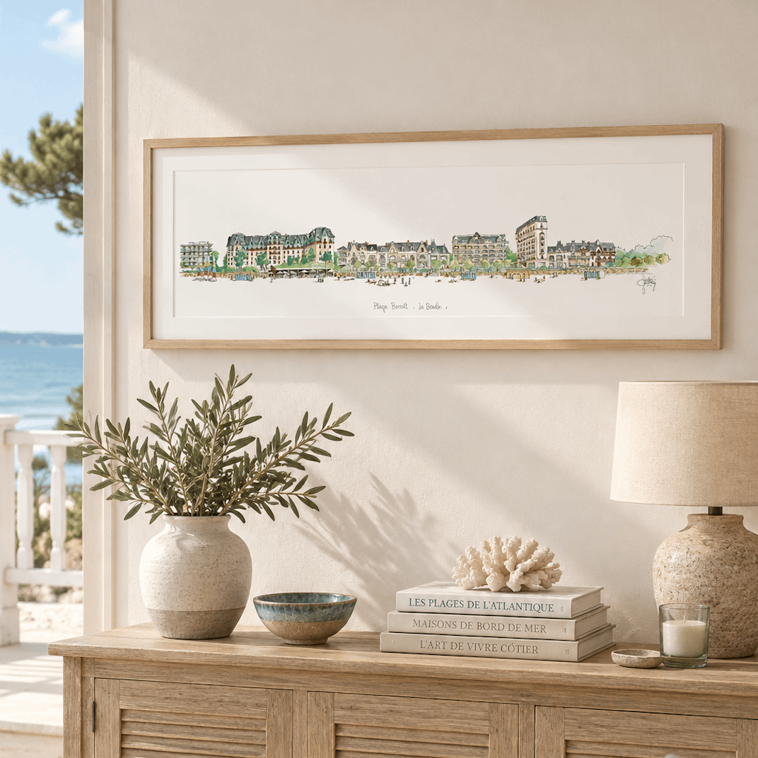 Tableau représentant la plage Benoît et l’Hermitage à La Baule présenté dans un intérieur de bord de mer