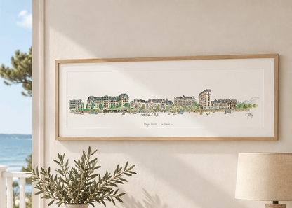 Aquarelle de la plage Benoît et de l’Hermitage à La Baule présentée dans un intérieur de bord de mer