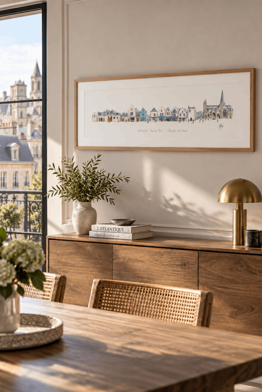 Tableau représentant la place du Pilori à Guérande présenté dans un intérieur