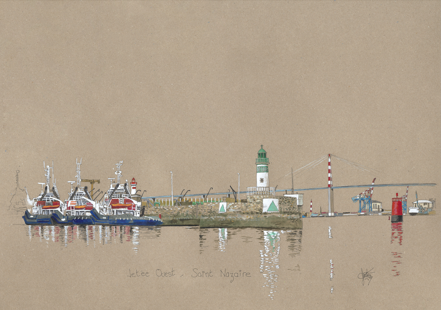 Tableau, aquarelle, Gérard Lusteau, Saint-Nazaire, cadeau, artiste, paysages, aquarelle originale, idée décoration, décoration, idée cadeau, presqu'ile guerandaise, Port de Saint-Nazaire