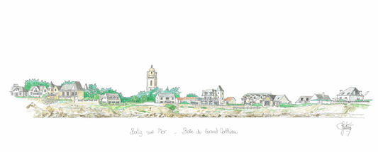 Un tableau aquarelle de la baie du grand Matthieu  Batz sur mer par Gérard Lusteau Artiste peintre la Baule. Fine art