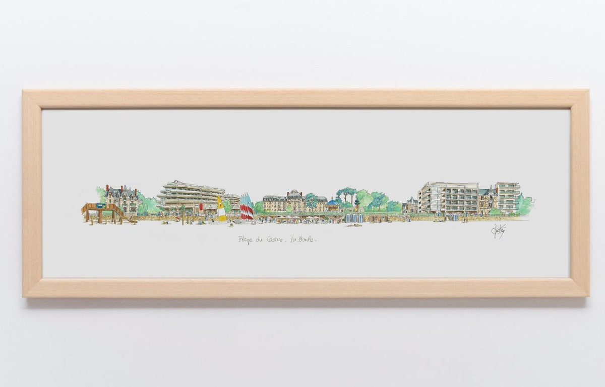 Aquarelle de la plage du Casino à La Baule encadrée bois – Gérard Lusteau